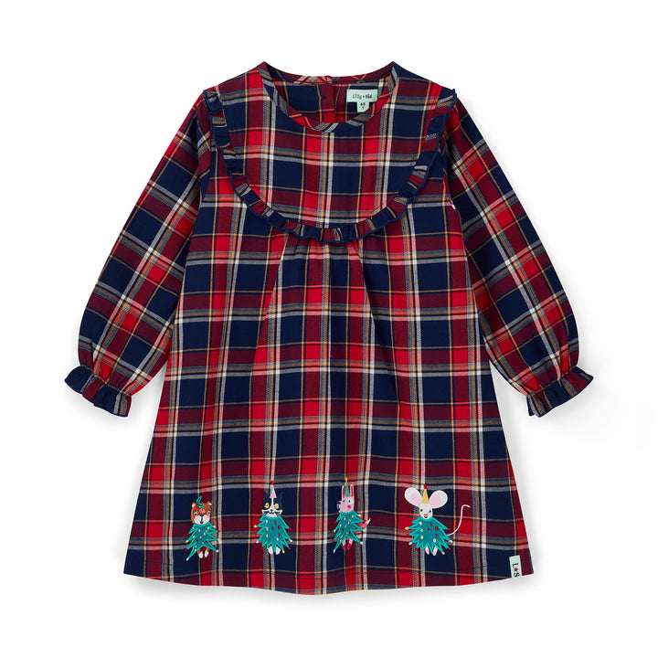 Plaid dress with embroidered characters on a white background