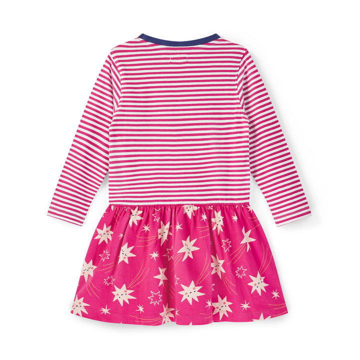 Pink and white striped dress with star pattern on a white background