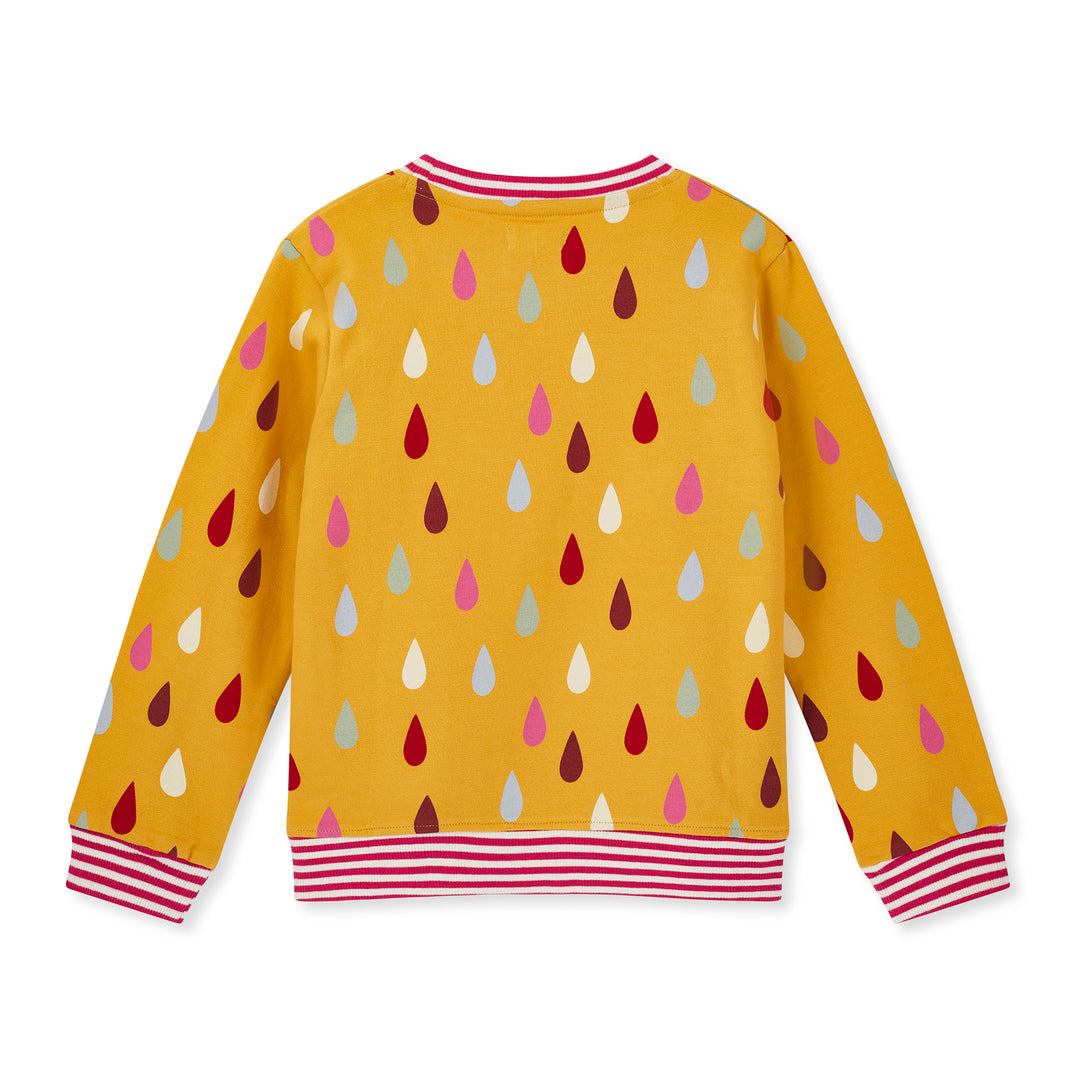 Yellow sweater with colorful drop pattern on a white background