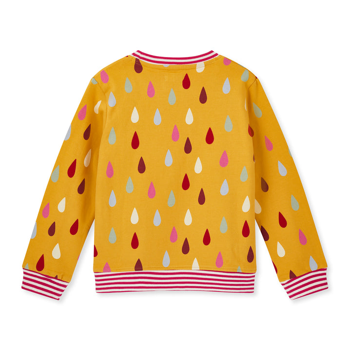 Yellow sweater with colorful drop pattern on a white background