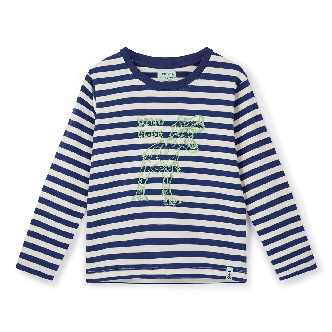 Blue and white striped long-sleeve shirt with a graphic design on a white background