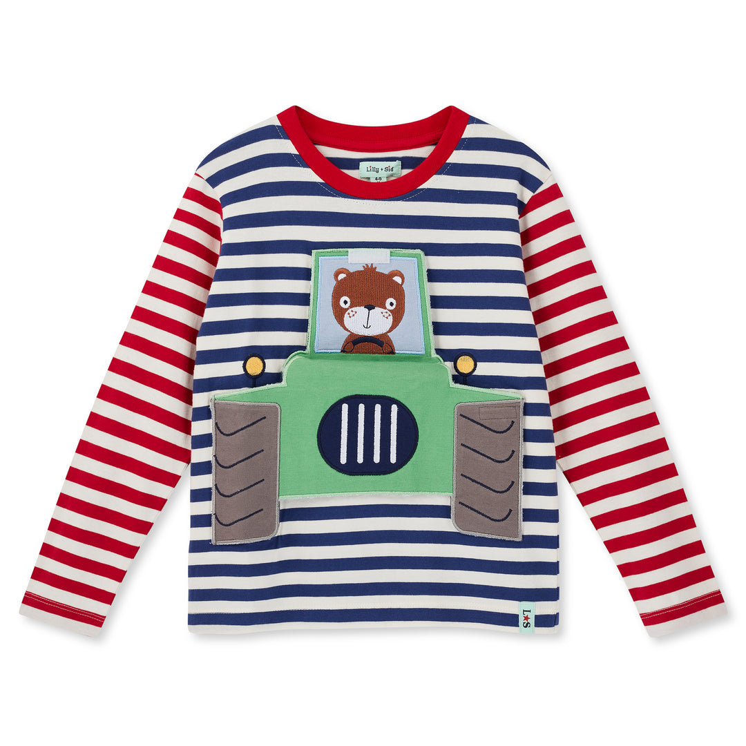 Children's long-sleeve shirt with red, white, and blue stripes and a teddy bear design on a white background