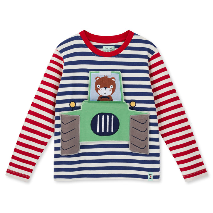 Children's long-sleeve shirt with red, white, and blue stripes and a teddy bear design on a white background