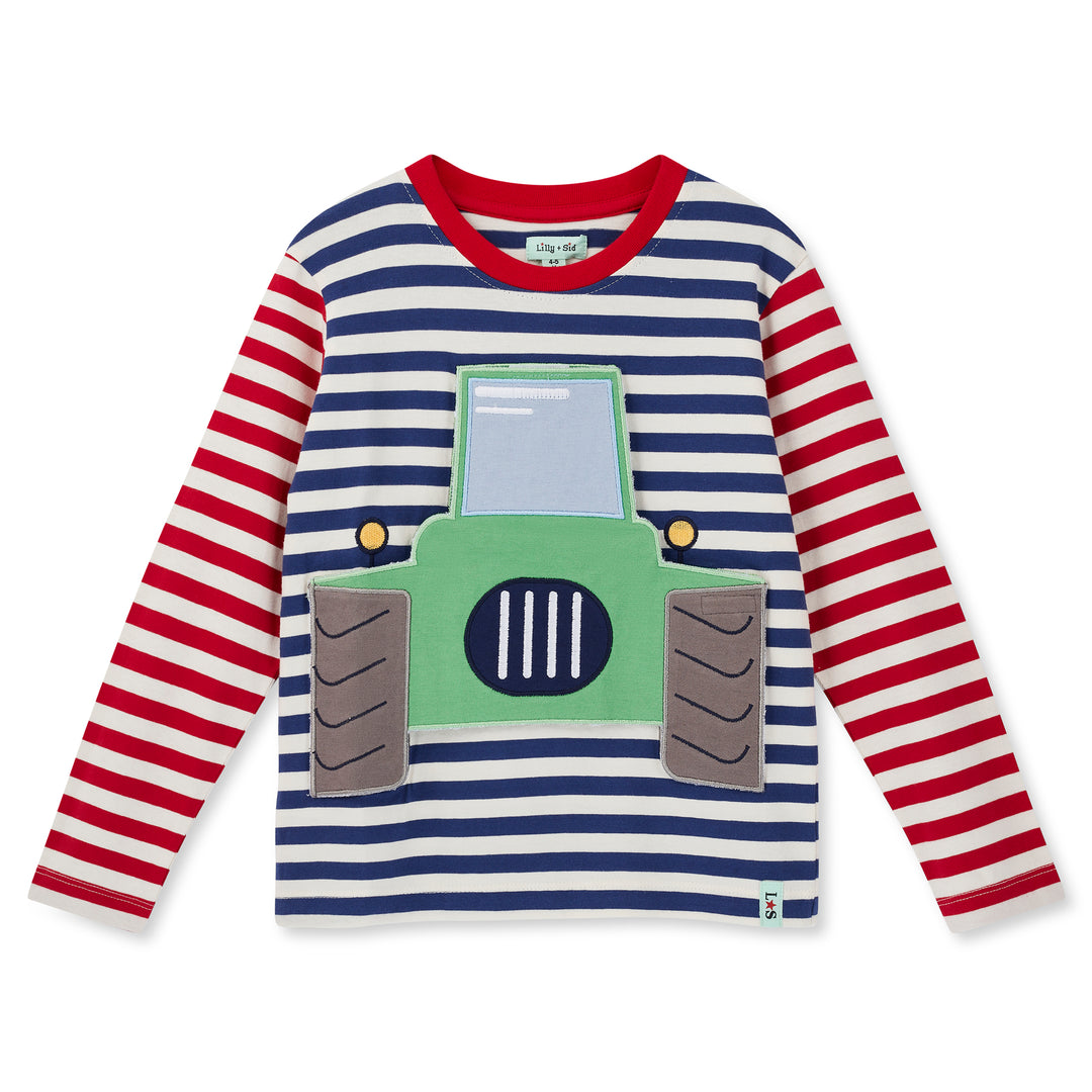 Children's long-sleeve shirt with red, white, and blue stripes and a green tractor design on a white background.