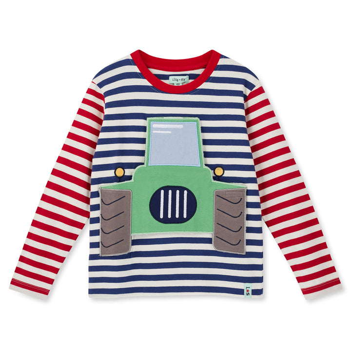 Children's long-sleeve shirt with red, white, and blue stripes and a green tractor design on a white background.