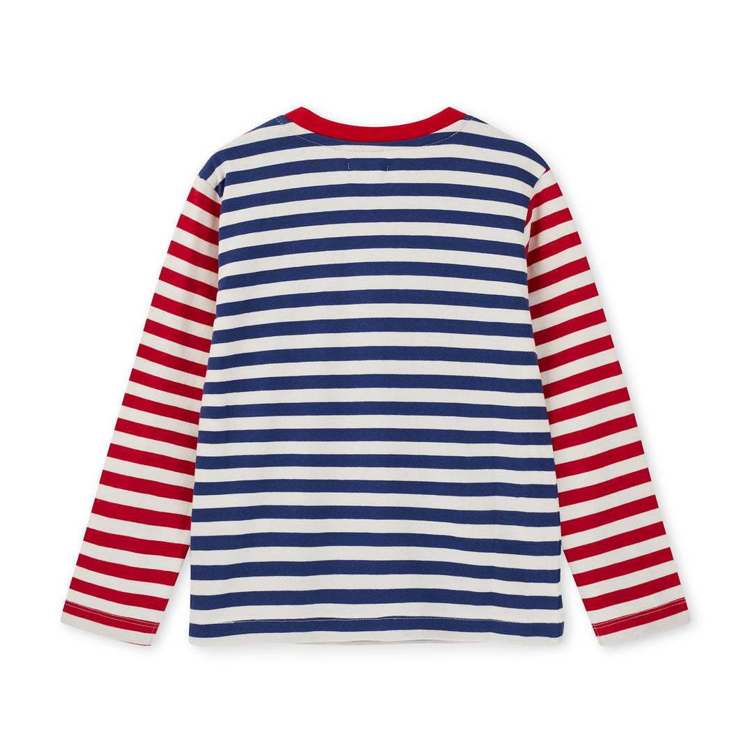 Long-sleeve shirt with red, white, and blue stripes on a white background