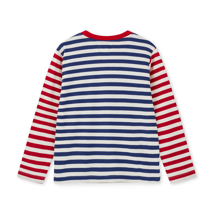 Long-sleeve shirt with red, white, and blue stripes on a white background