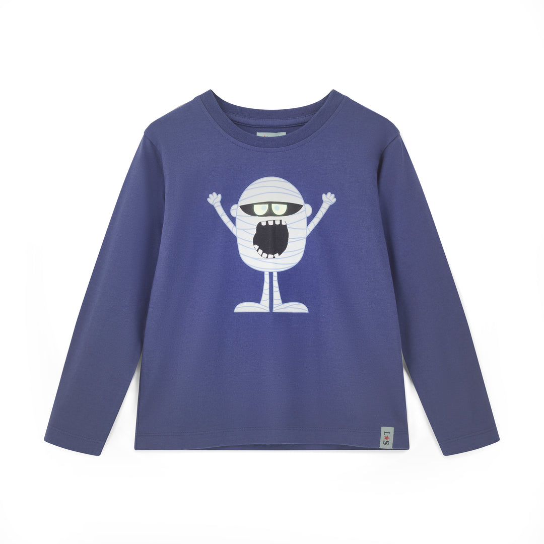 Blue long-sleeve shirt with a white cartoon character on a white background