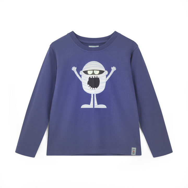 Blue long-sleeve shirt with a white cartoon character on a white background