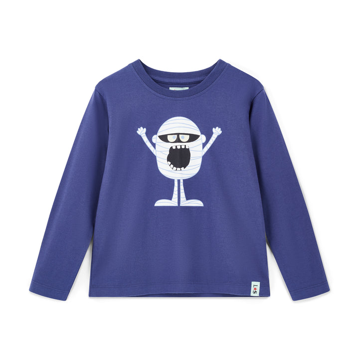 Blue long-sleeve shirt with a white cartoon character on a white background