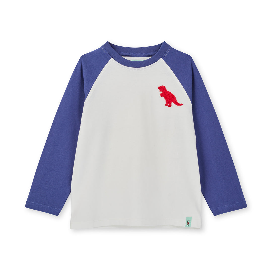 Long-sleeve shirt with dinosaur graphic on a white background