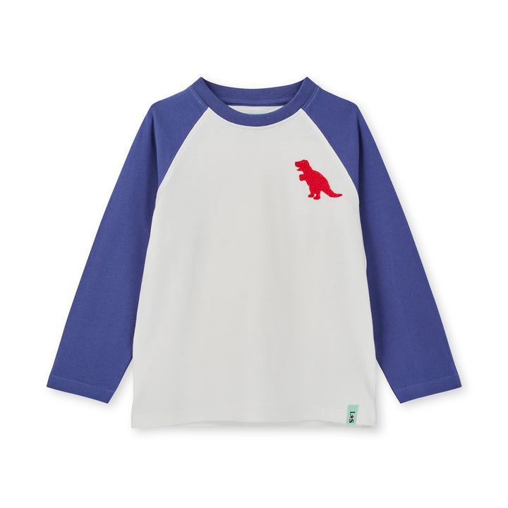Long-sleeve shirt with dinosaur graphic on a white background