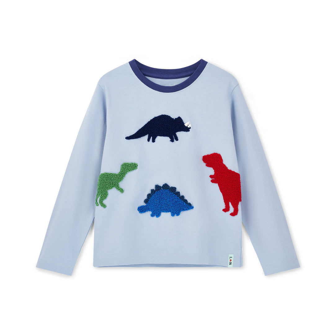 Light blue long-sleeve shirt with colorful dinosaur designs on a white background