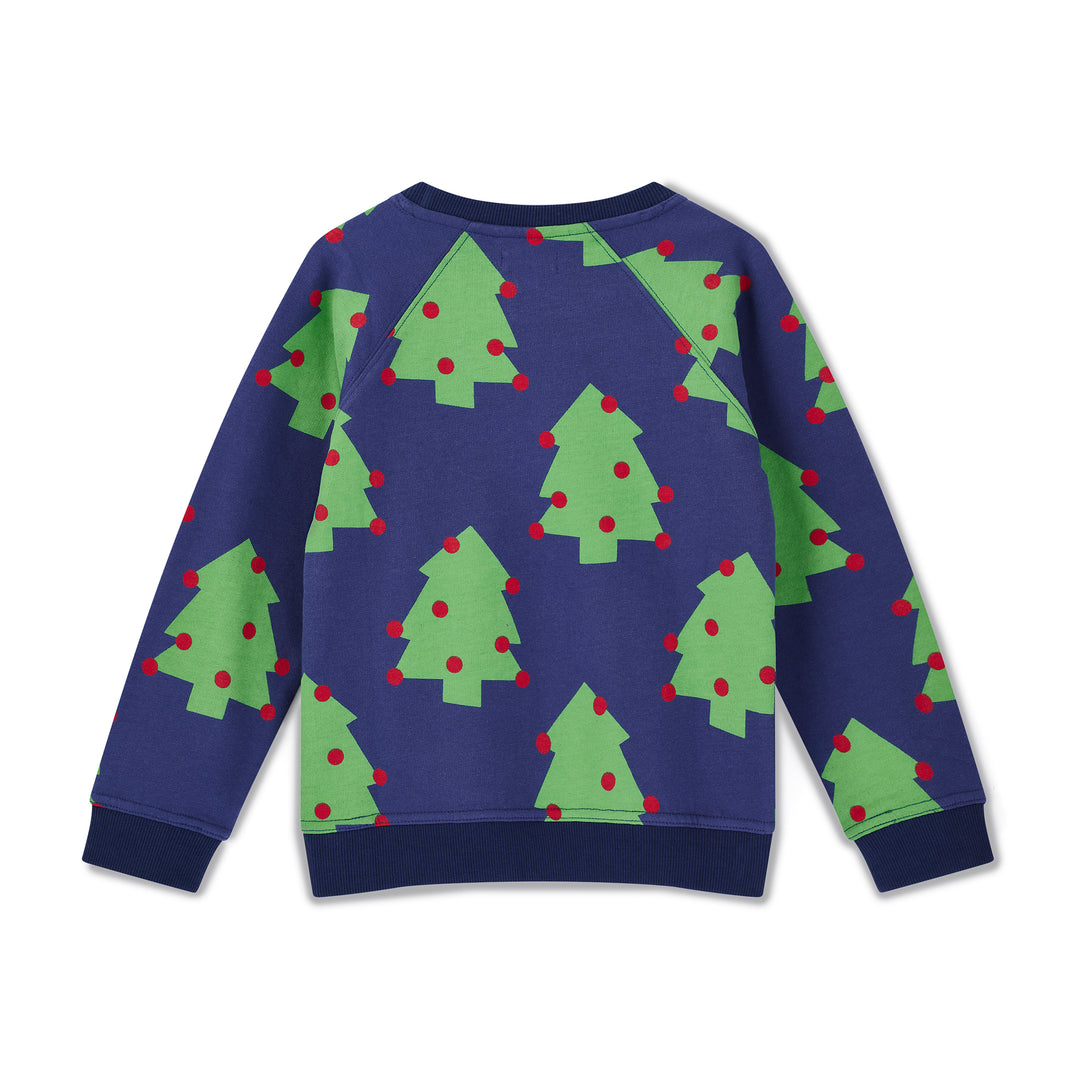 Navy blue sweater with green Christmas tree pattern on a white background