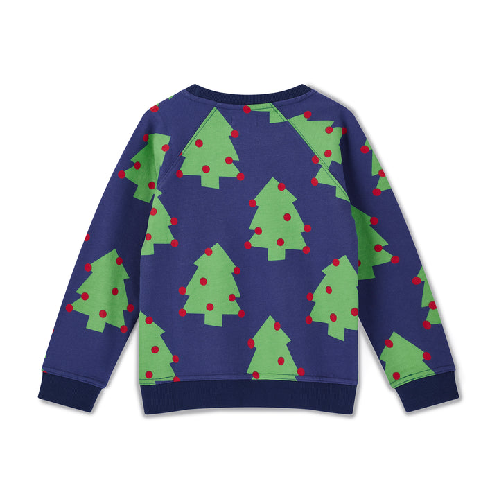 Navy blue sweater with green Christmas tree pattern on a white background
