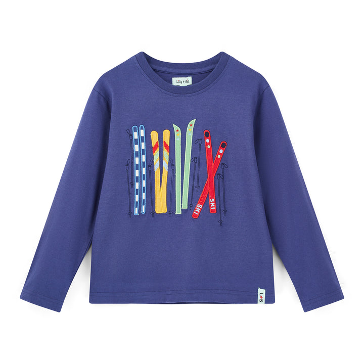 Blue long-sleeve shirt with colorful graphic on a white background