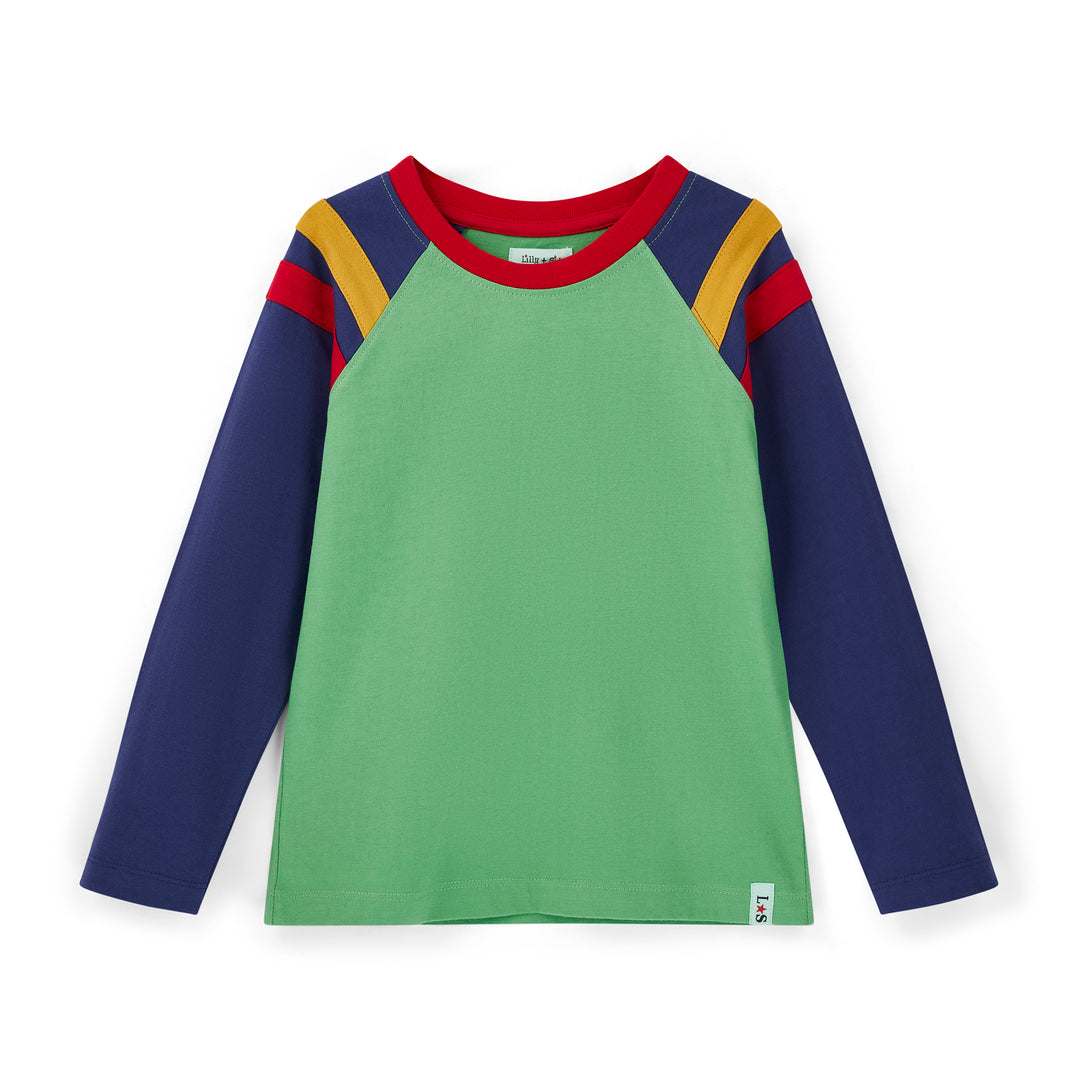Green long-sleeve shirt with colorful sleeves on a white background