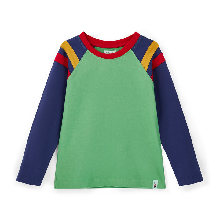 Green long-sleeve shirt with colorful sleeves on a white background