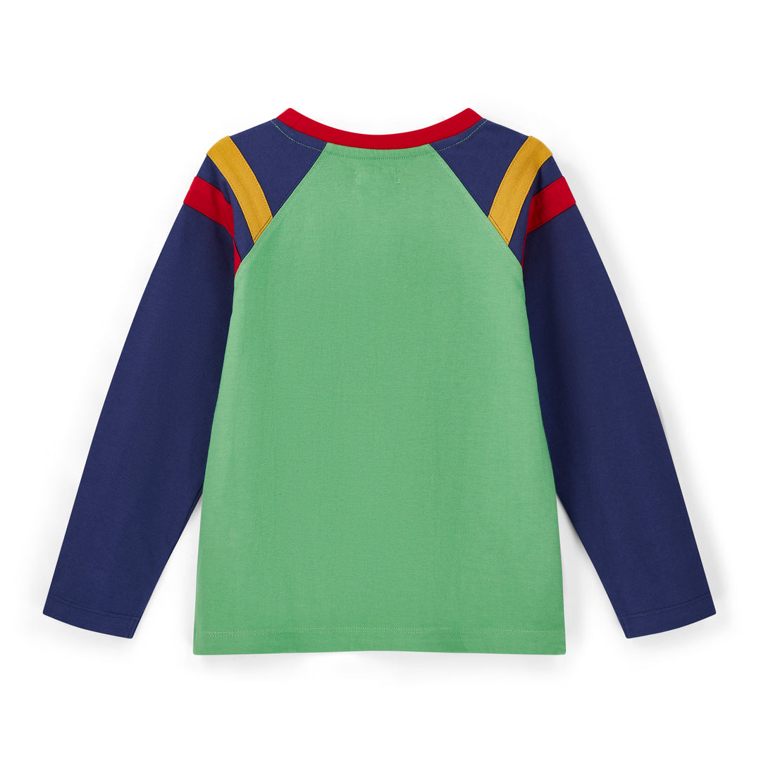 Green long-sleeve shirt with blue sleeves and red and yellow accents on a white background