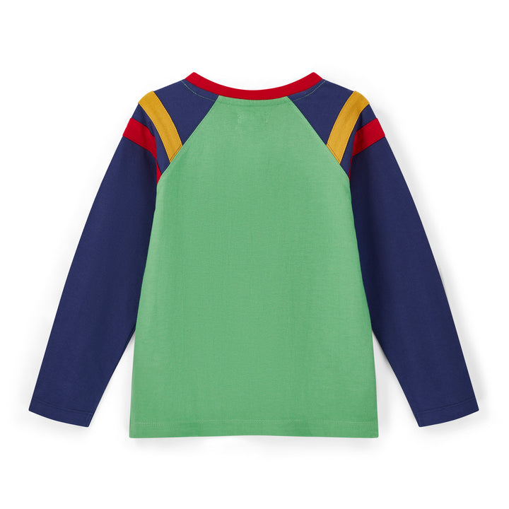 Green long-sleeve shirt with blue sleeves and red and yellow accents on a white background