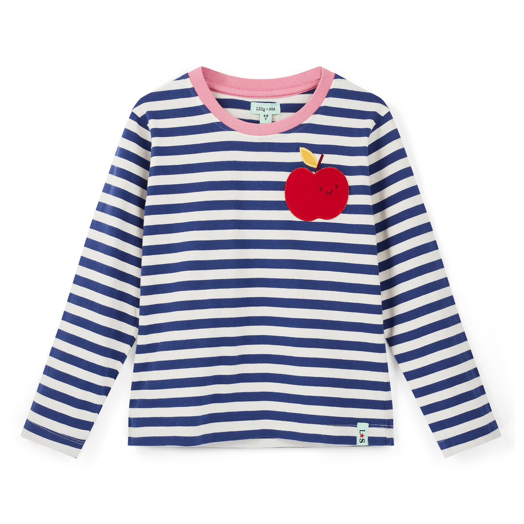 Blue and white striped long-sleeve shirt with a red apple design on a white background