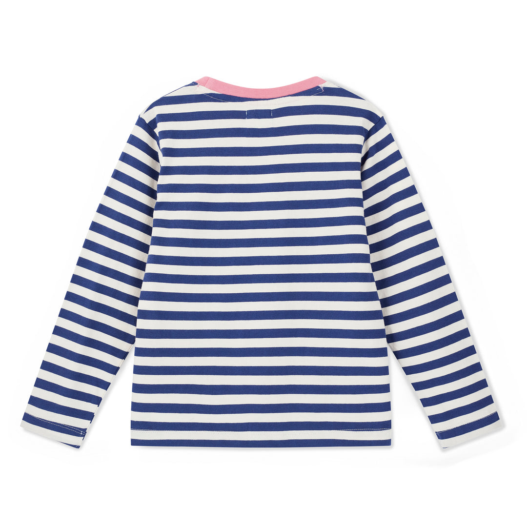 Blue and white striped long-sleeve shirt on a white background