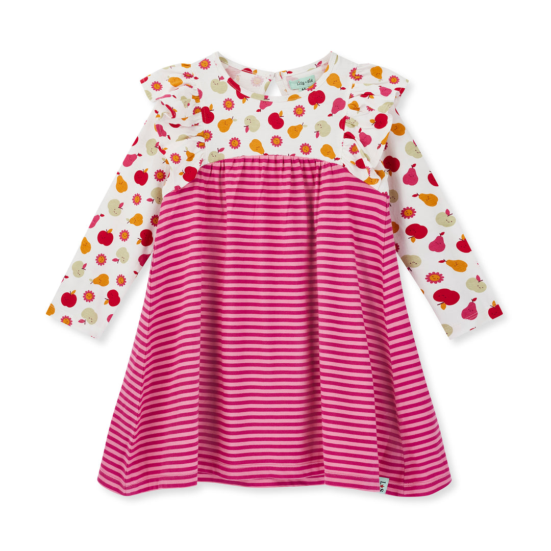 Children's dress with colorful fruit pattern on a white background