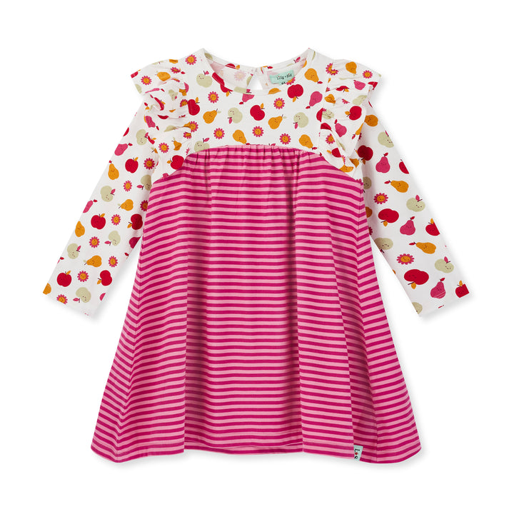 Children's dress with colorful fruit pattern on a white background