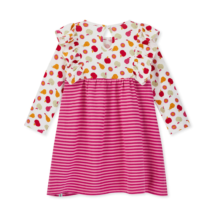 Children's dress with floral sleeves and striped skirt on a white background