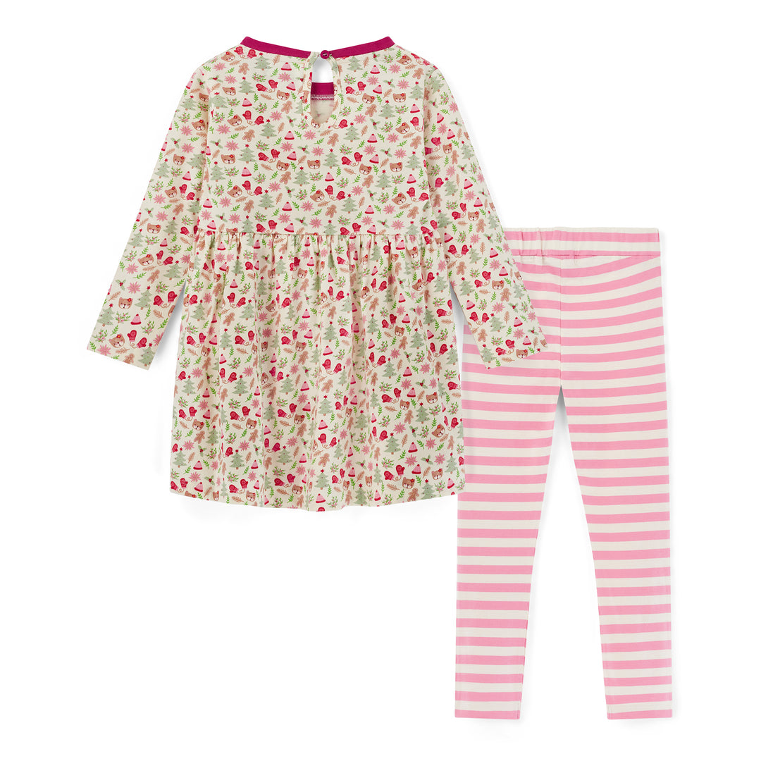 Children's outfit with floral dress and pink striped leggings on a white background