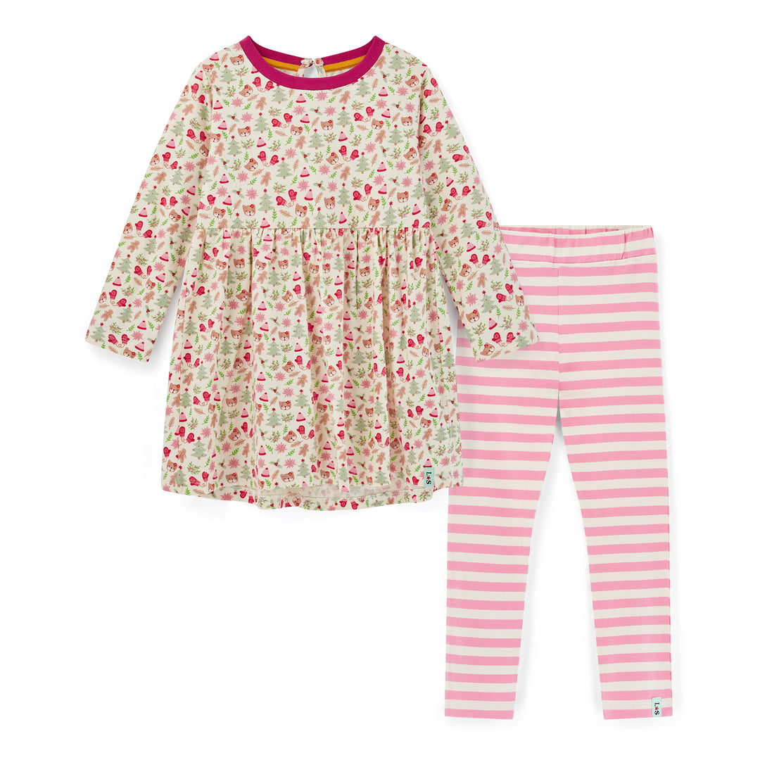 Children's outfit with floral dress and pink striped leggings on a white background