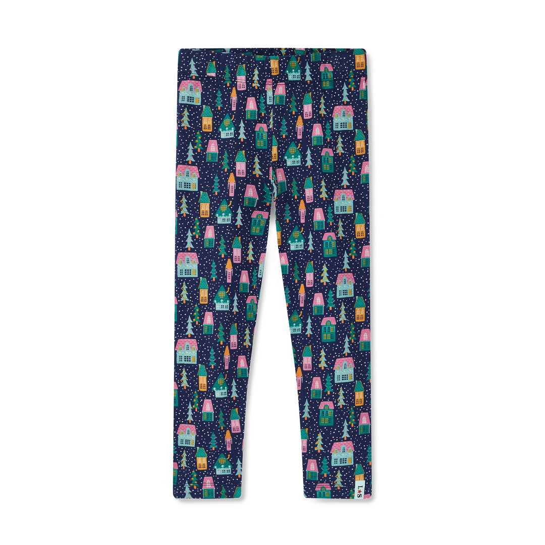 Leggings with a pattern of colorful houses and trees on a dark blue background