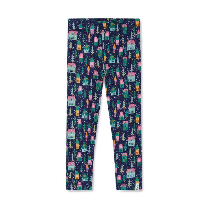 Leggings with a pattern of colorful houses and trees on a dark blue background
