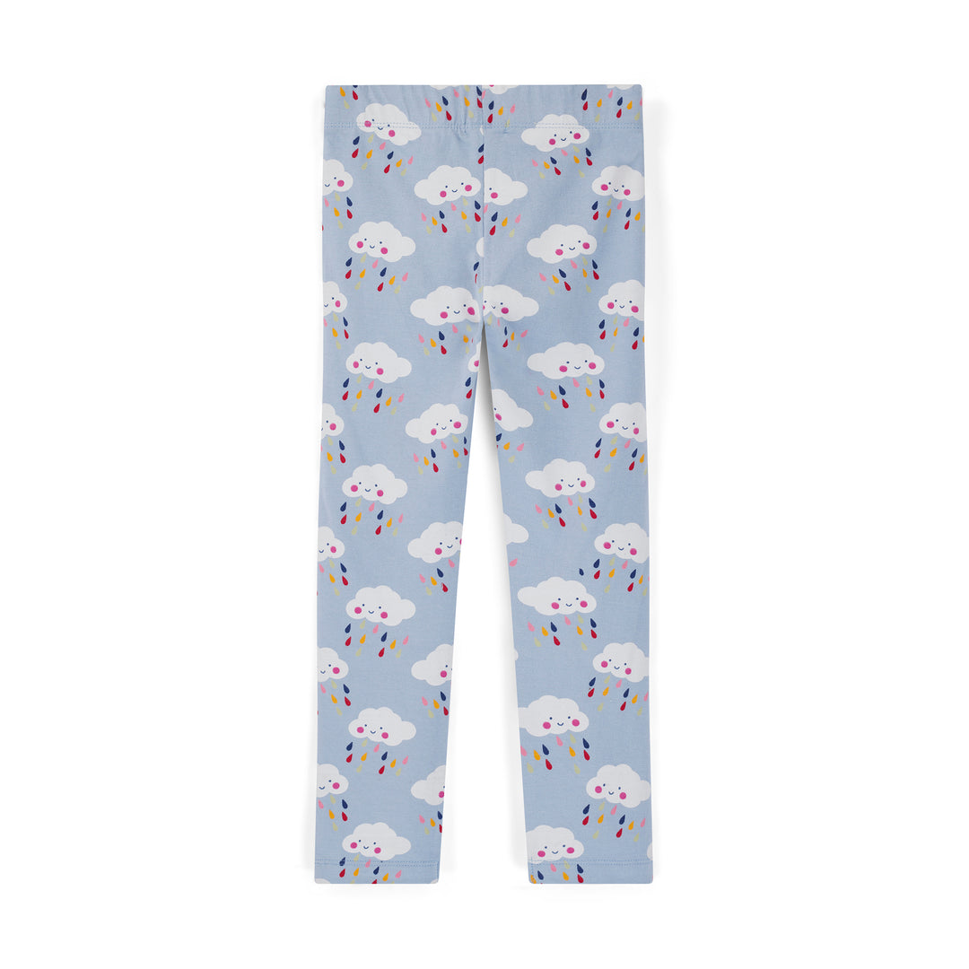 Leggings with cloud and raindrop pattern on a light blue background