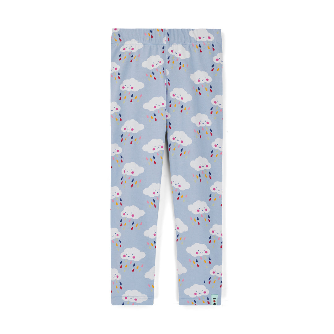Light blue leggings with cloud and rainbow pattern on a white background
