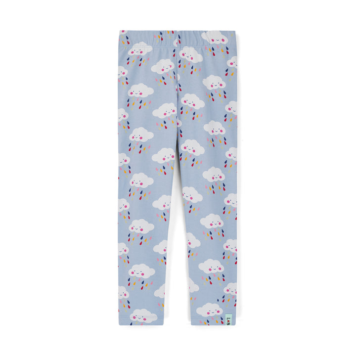 Light blue leggings with cloud and rainbow pattern on a white background