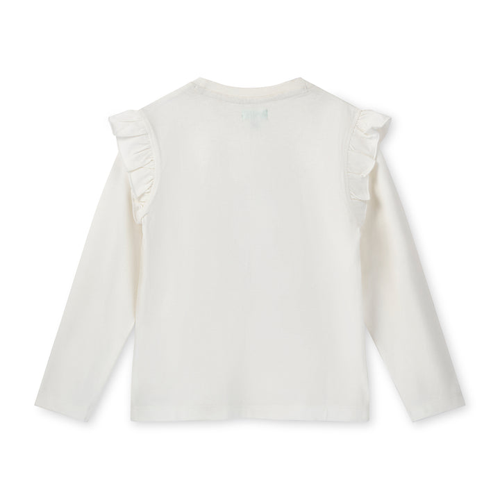 White blouse with ruffled shoulders on a white background