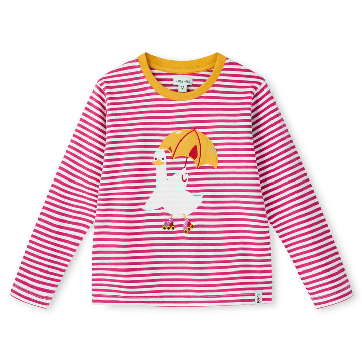 Pink and white striped long-sleeve shirt with a cartoon duck holding an umbrella on a white background