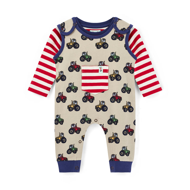 Children's onesie with tractor pattern and red and blue striped sleeves on a white background