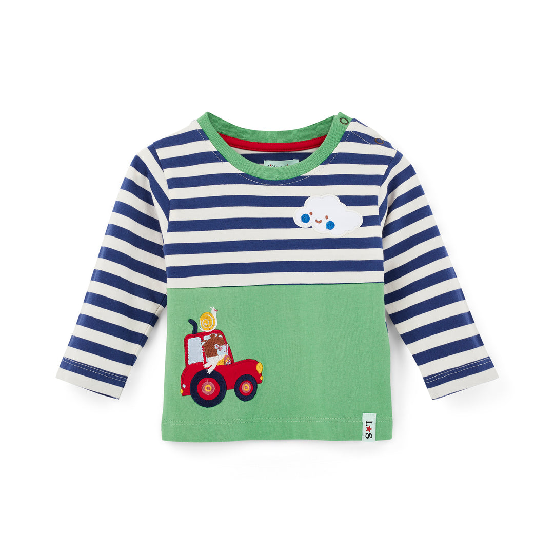 Children's long-sleeve shirt with striped pattern and red tractor design on a white background