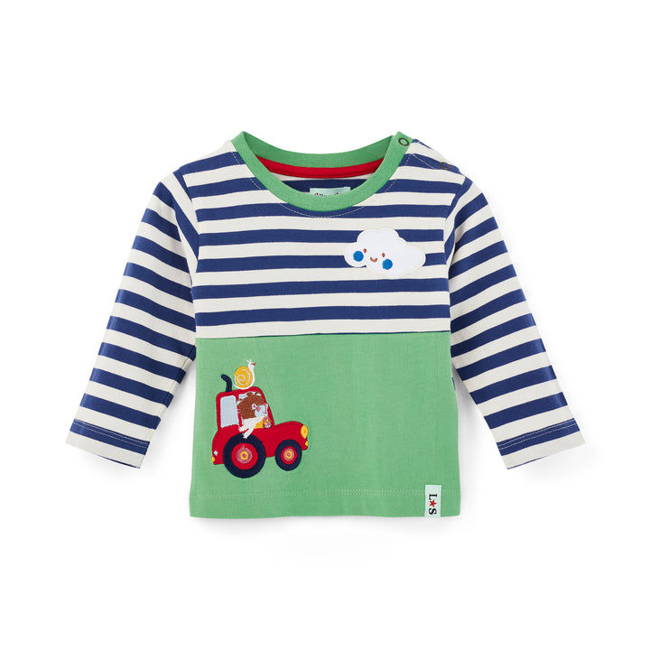 Children's long-sleeve shirt with striped pattern and red tractor design on a white background