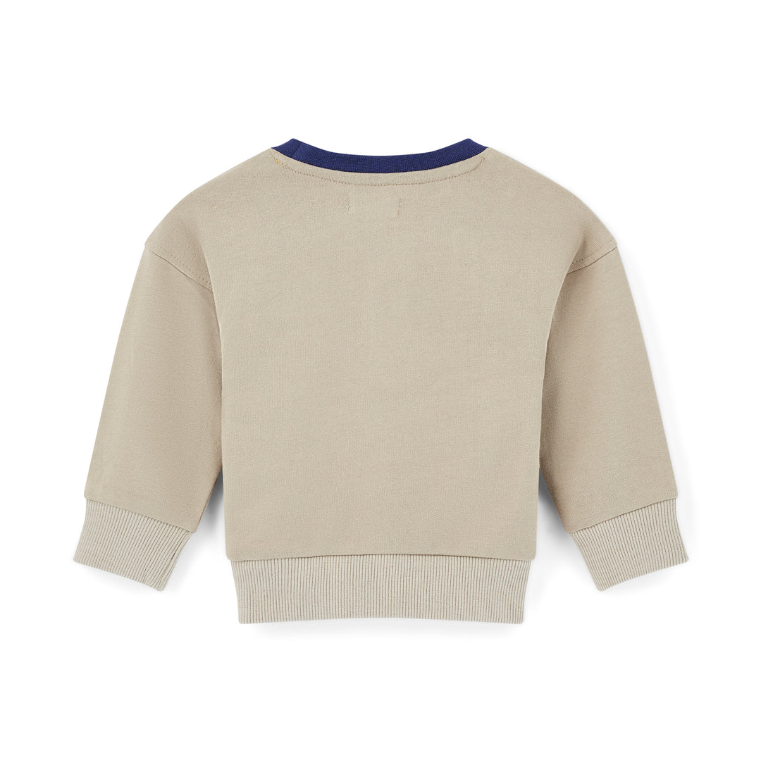 Beige sweatshirt with navy trim on a white background
