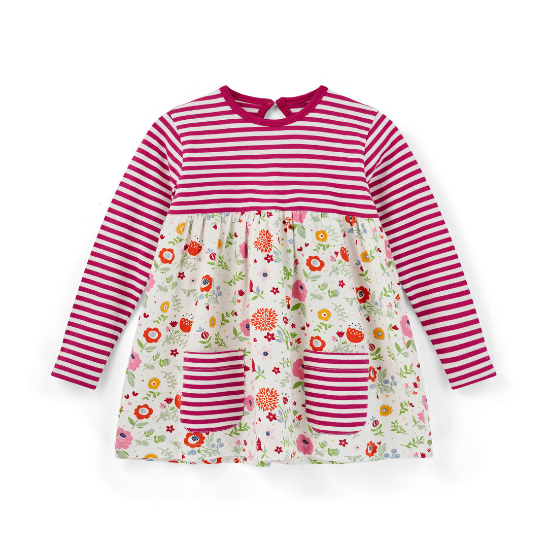 Children's dress with red and white stripes and floral pattern on a white background