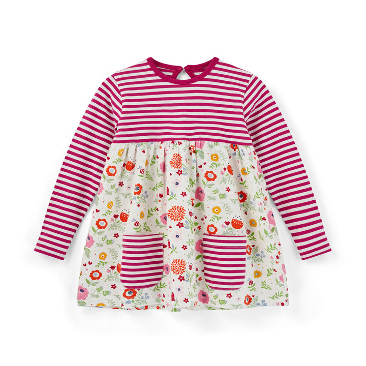 Children's dress with red and white stripes and floral pattern on a white background
