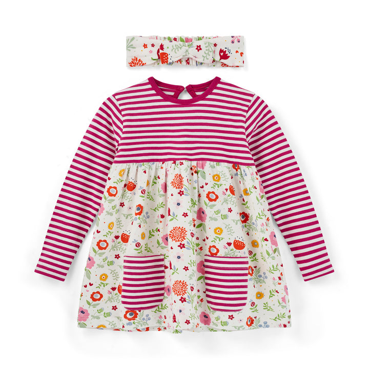 Children's dress with floral pattern and striped sleeves, paired with a headband on a white background