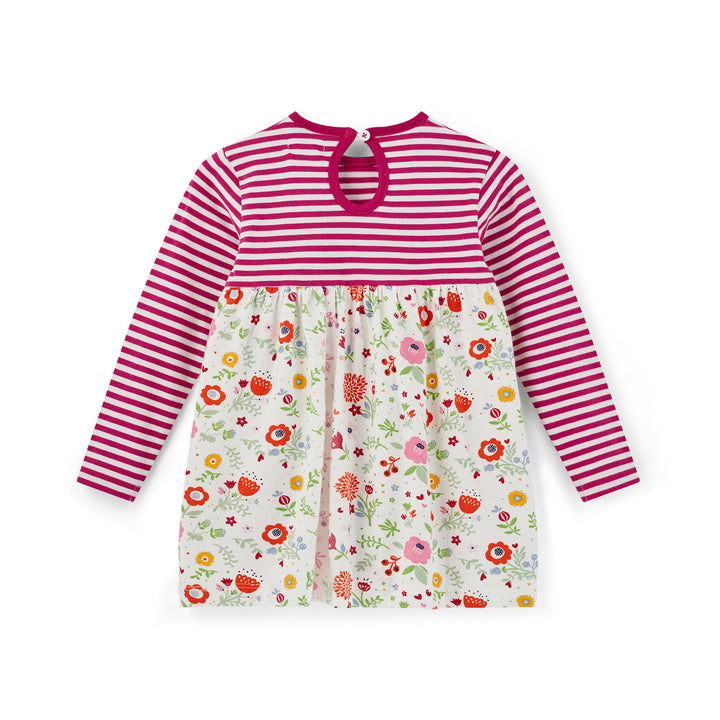 Children's dress with pink and white stripes and floral pattern on a white background