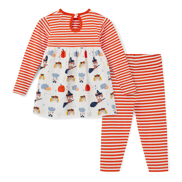 Children's outfit with red and white striped dress and leggings on a white background