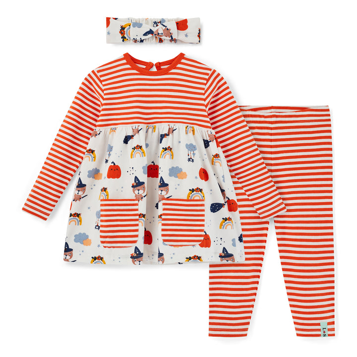 Children's outfit set with red and white striped dress, leggings, and headband on a white background