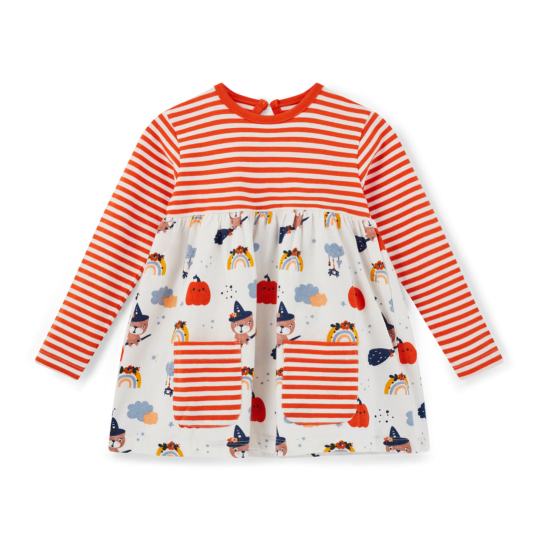 Children's dress with red and white stripes and colorful pattern on a white background