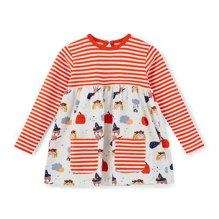 Children's dress with red and white stripes and colorful pattern on a white background
